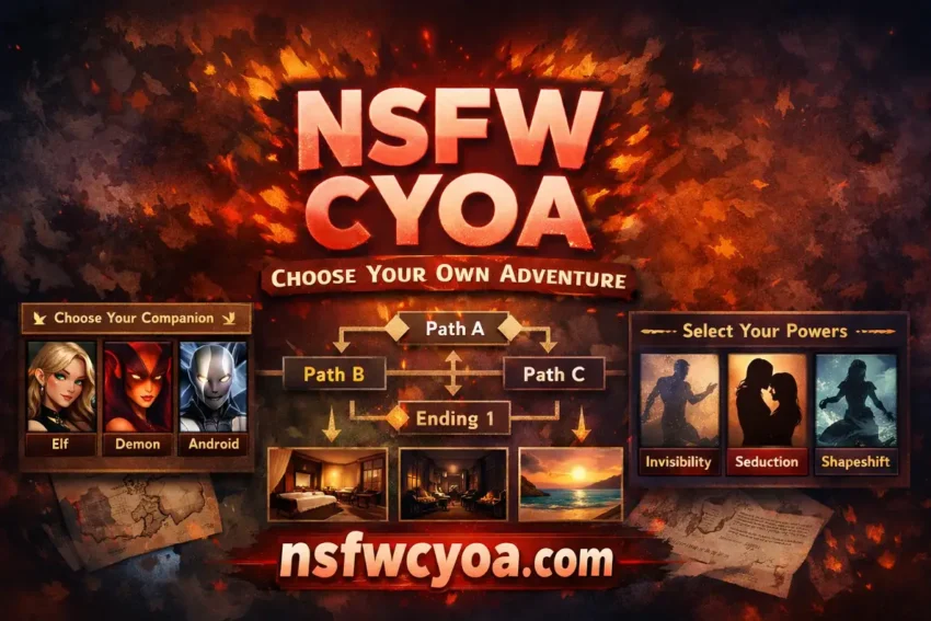 Illustrated banner for NSFW CYOA featuring a “Choose Your Own Adventure” layout with character choices, powers, branching paths, and the website name nsfwcyoa.com.