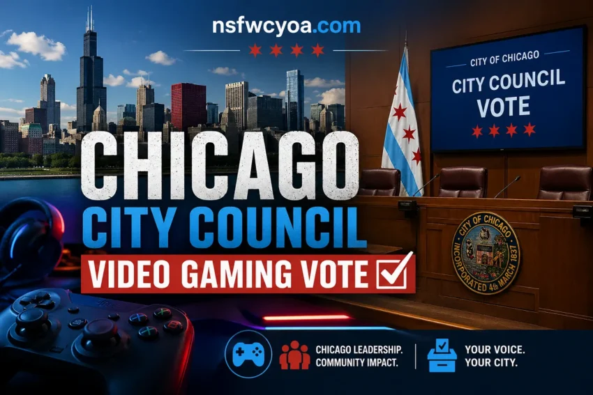 Chicago skyline with city council chamber and gaming controller, highlighting “Chicago City Council Video Gaming Vote” with nsfwcyoa.com branding.
