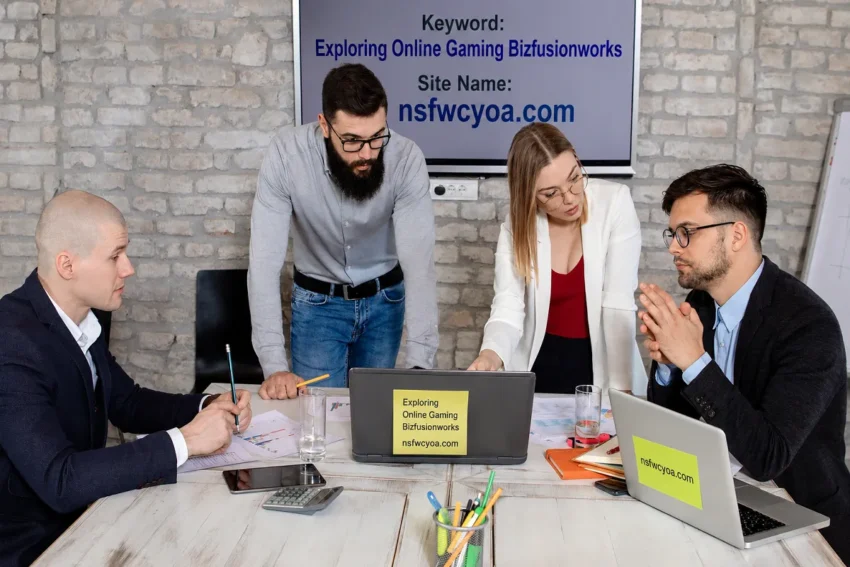 Business team meeting in a modern office discussing online gaming strategy, with the keyword “Exploring Online Gaming Bizfusionworks” and website “nsfwcyoa.com” displayed on the presentation screen.