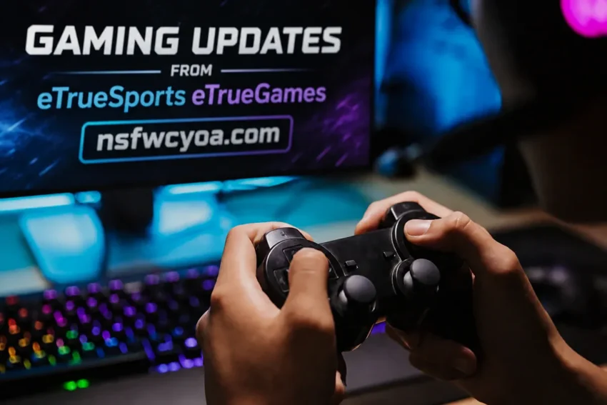 Person holding a game controller in a neon-lit gaming setup, with the screen displaying “Gaming Updates From eTrueSports eTrueGames” and “nsfwcyoa.com”.
